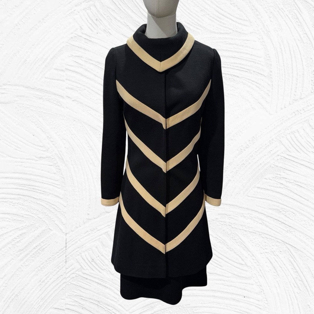 1960s LILLI ANN Knit Black Cream Chevron Dress W/Matching Jacket 2/4(read) *flaw
